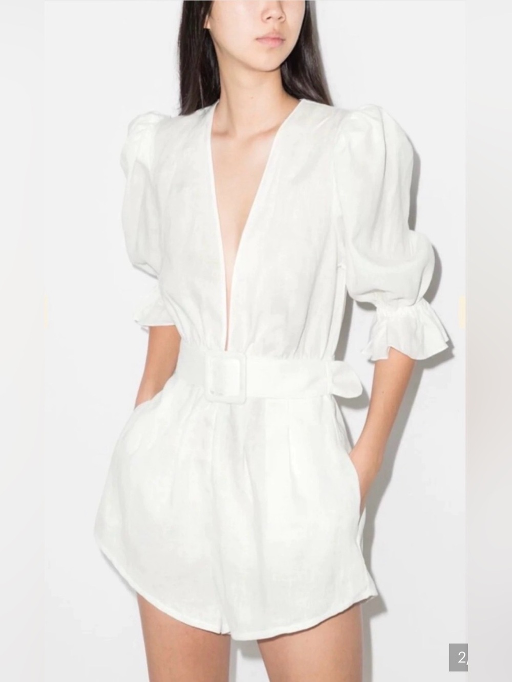Adriana Degreas 100% Linen White Belted Plunge Romper Brazil Size M